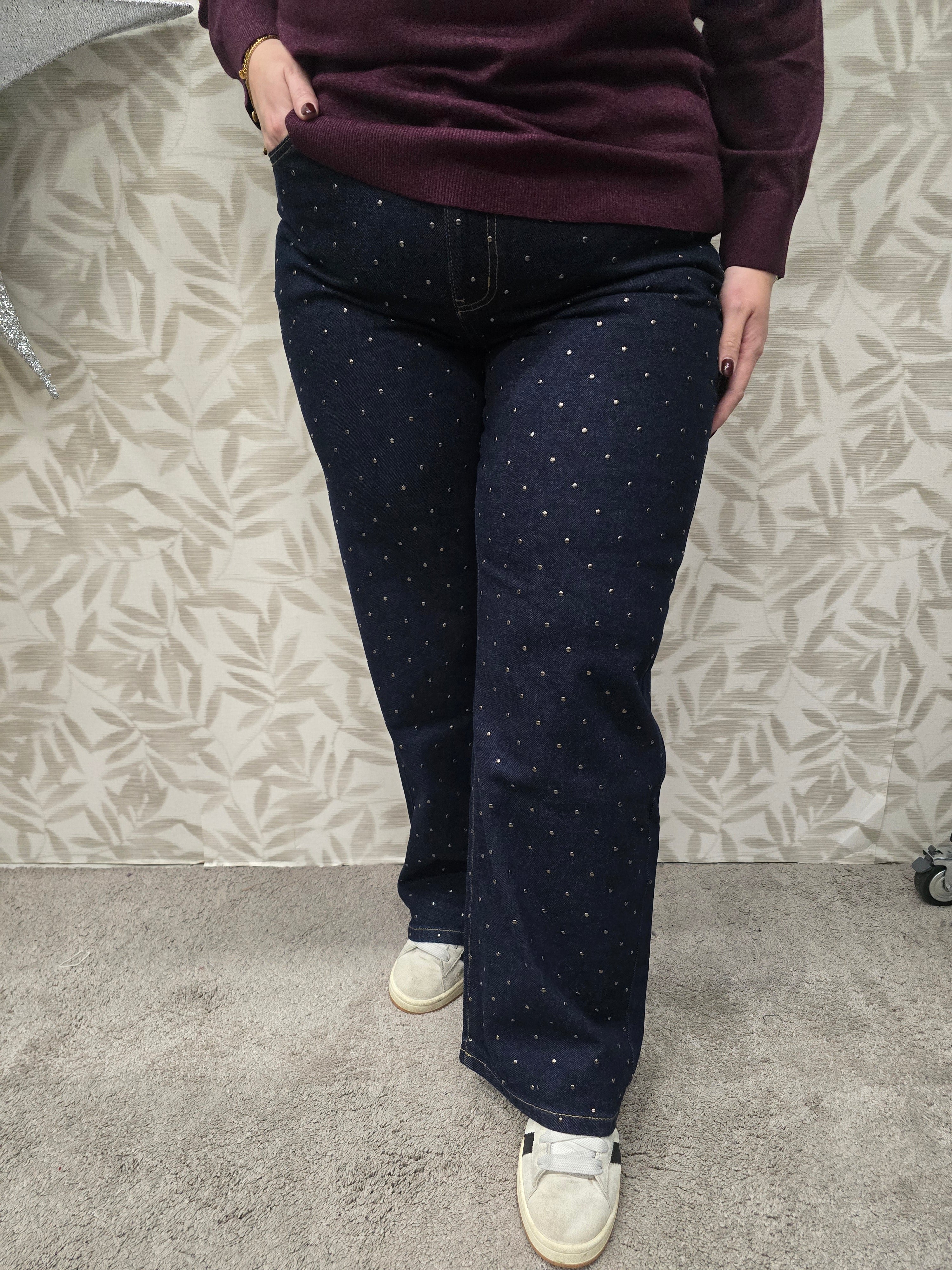 Jeans Broek Carmadison HW Wide Studs Dark Blue Denim