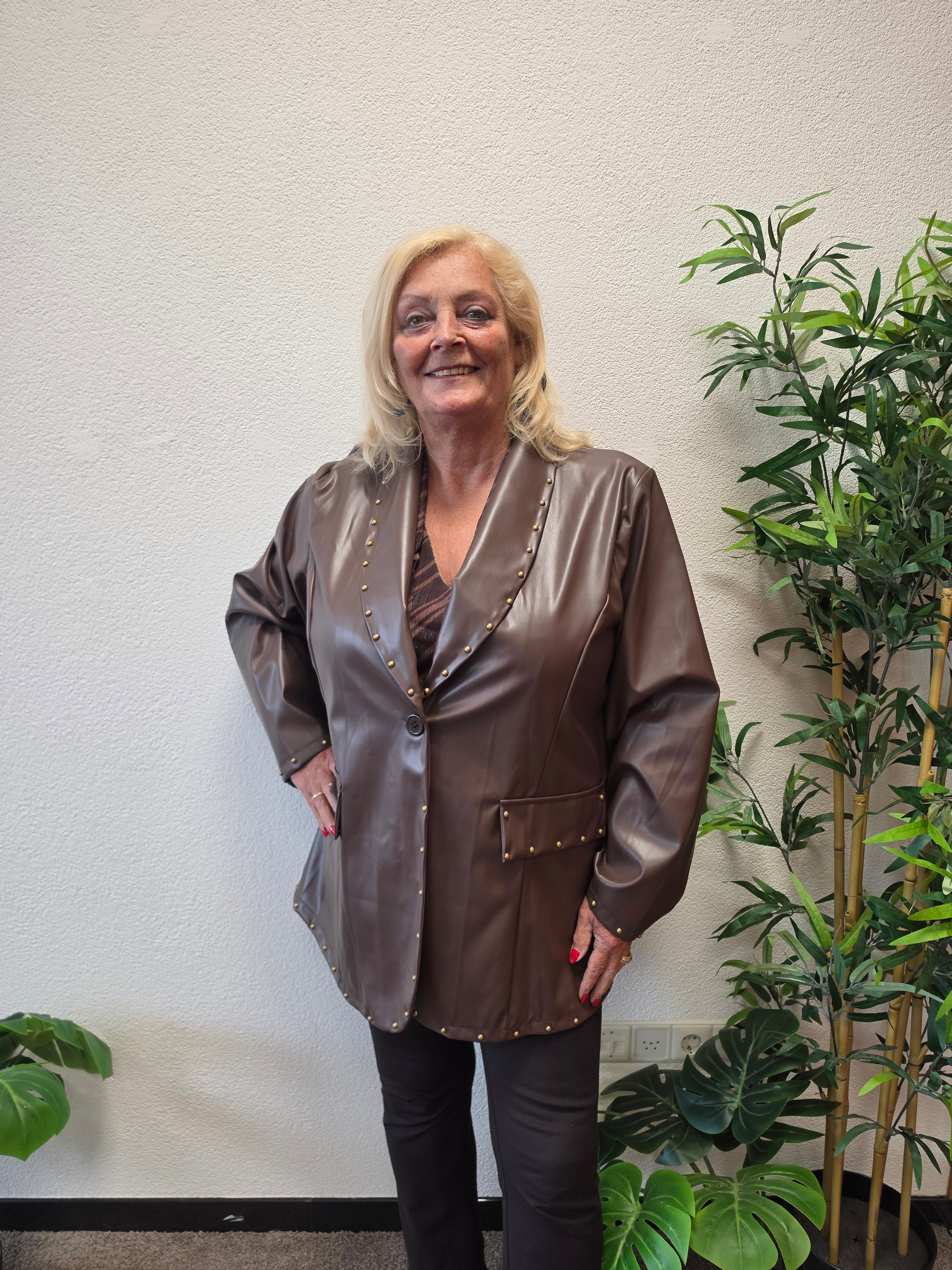 Stut Leather Look Blazer Donker Bruin t/m 50