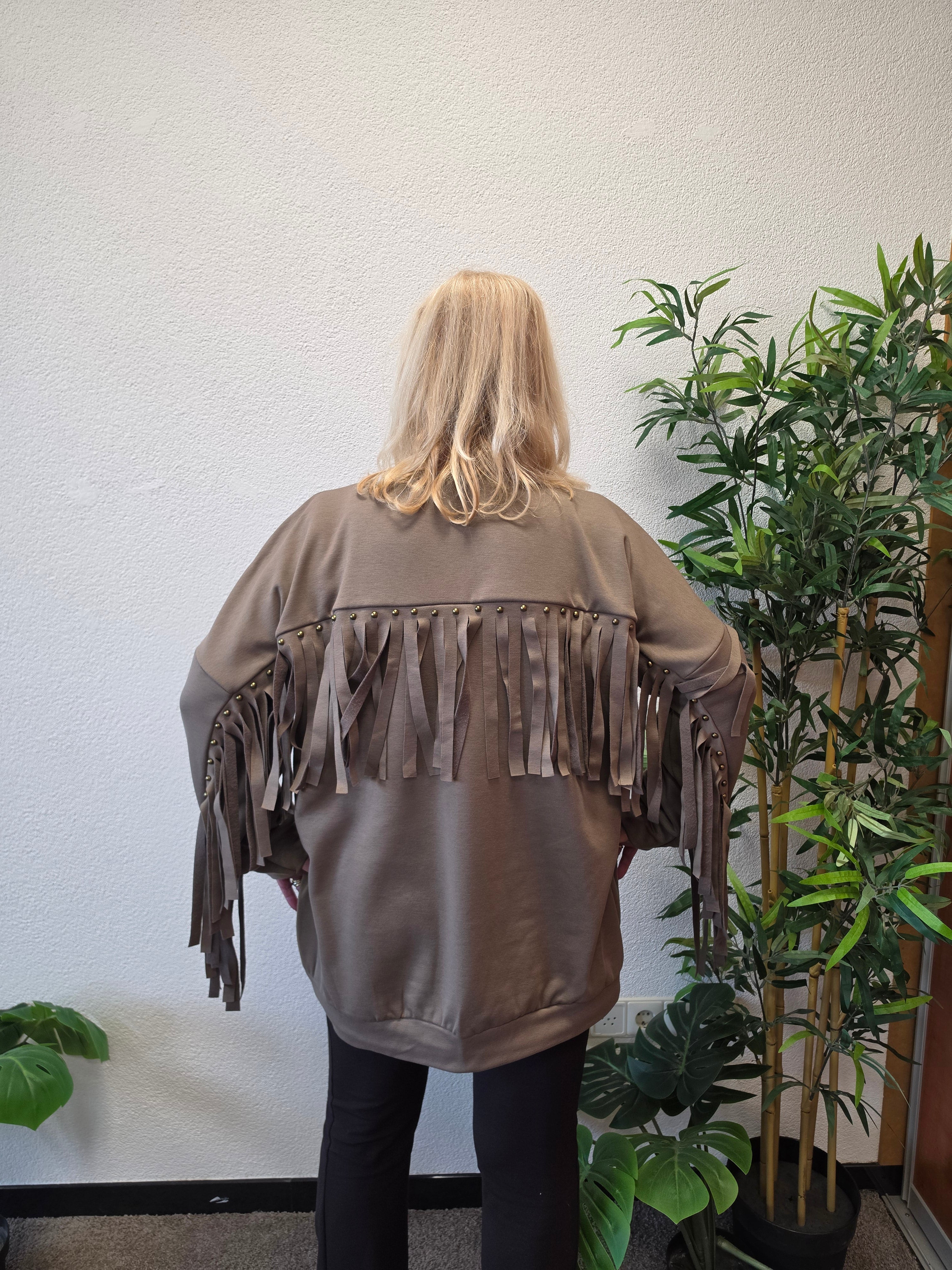 Sweat Trui met franjes Taupe t/m 54