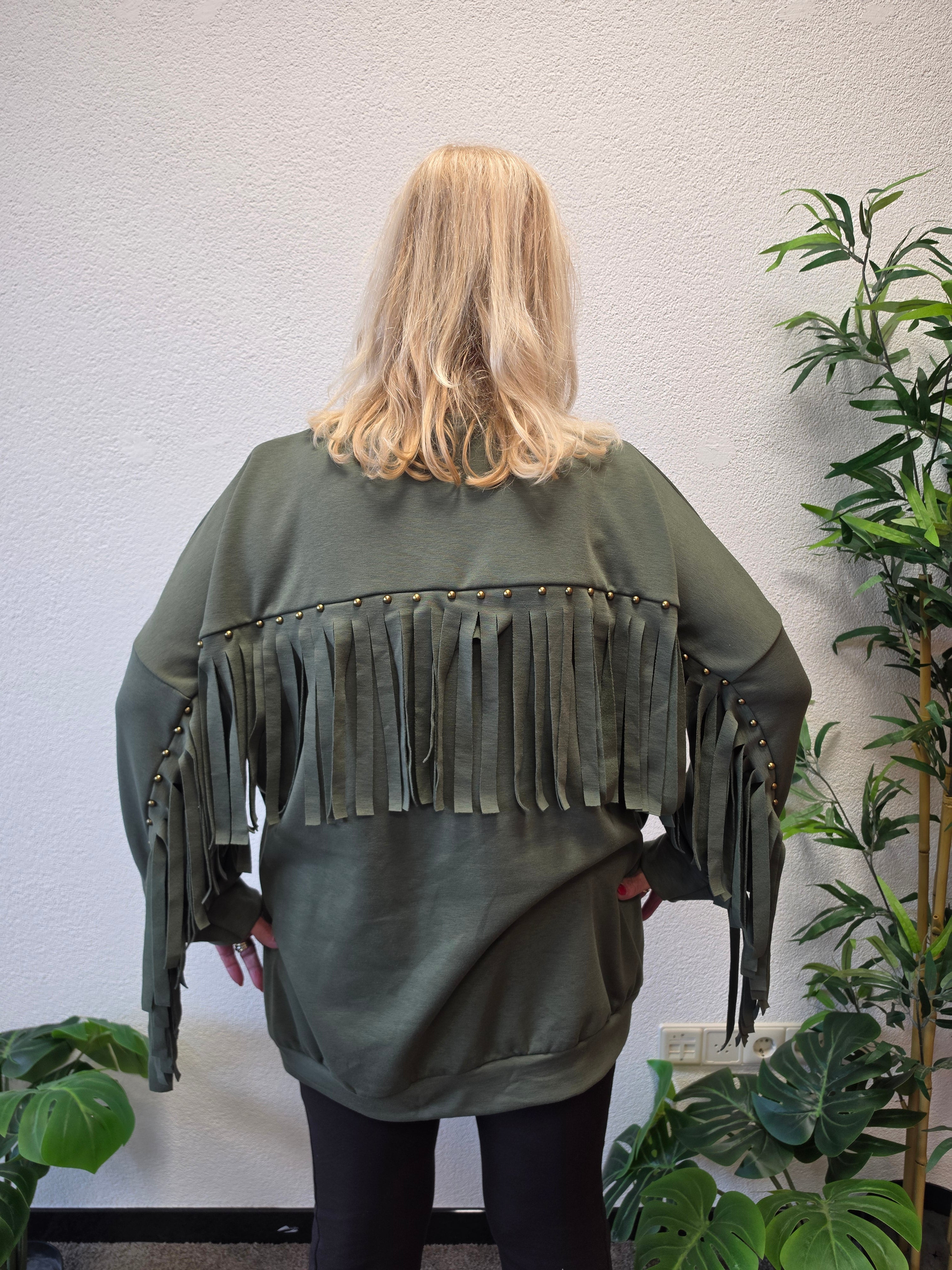 Sweat Trui met franjes Olijf Groen t/m 54