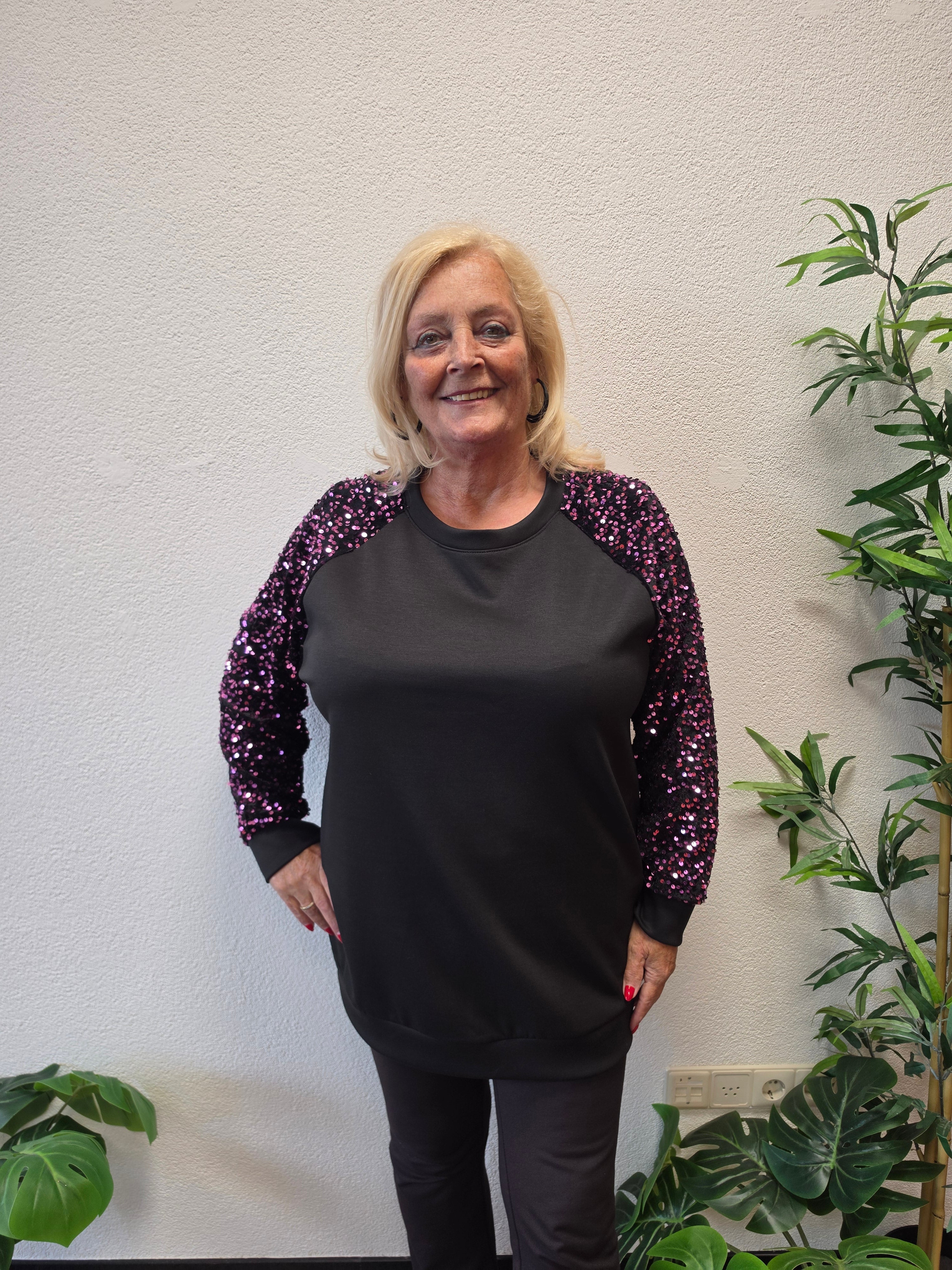 Sweat Trui met Paillet mouw Paars - Zwart t/m 48