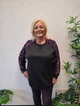 Sweat Trui met Paillet mouw Paars - Zwart t/m 48