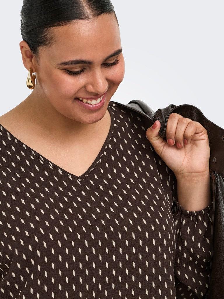 Shirt Carvica V-neck lange mouw print Carzy Square Coffee Bean