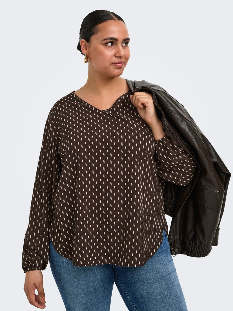 Shirt Carvica V-neck lange mouw print Carzy Square Coffee Bean
