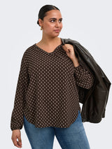 Shirt Carvica V-neck lange mouw print Carzy Square Coffee Bean